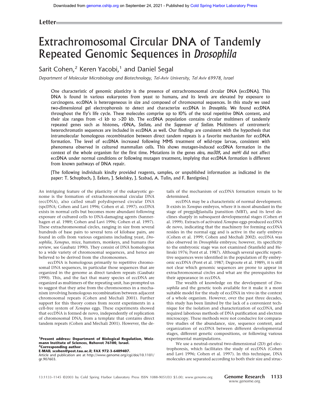 Extrachromosomal Circular DNA of Tandemly Repeated Genomic
