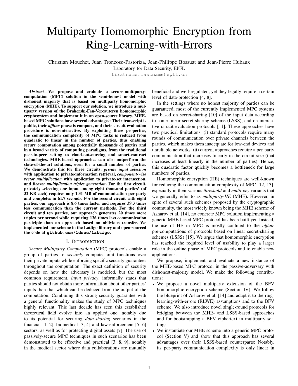 Multiparty Homomorphic Encryption from Ring-Learning-With-Errors