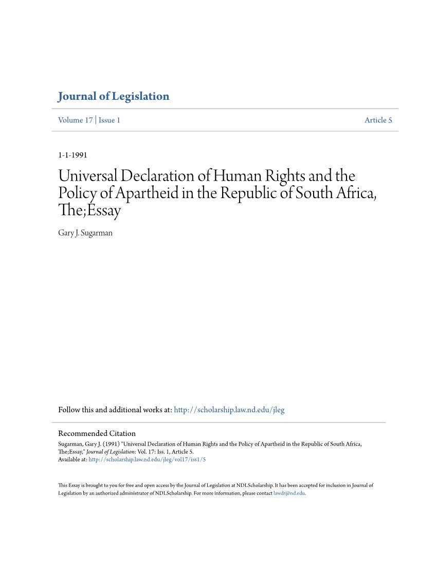 Universal Declaration of Human Rights and the Policy of Apartheid in the Republic of South Africa, The;Essay Gary J