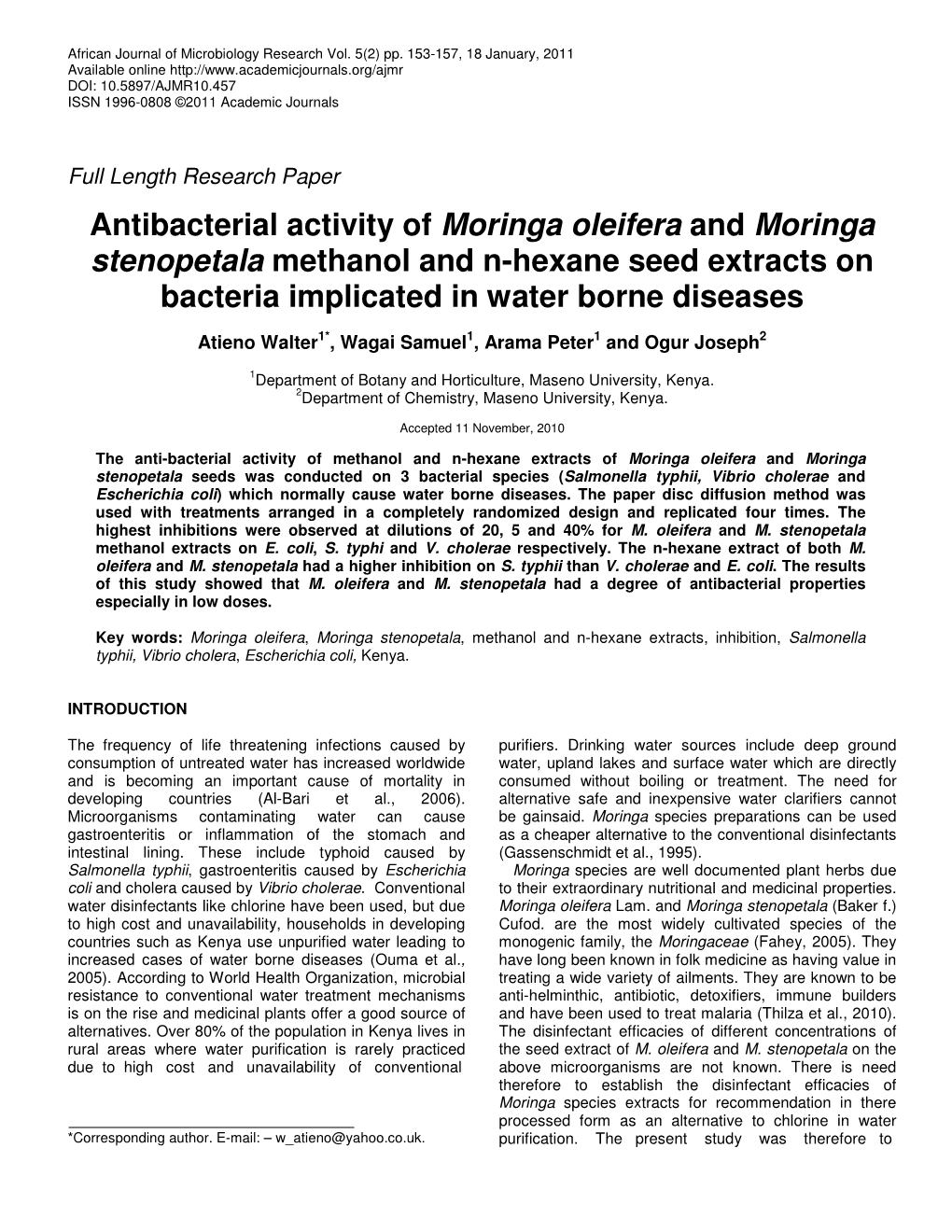 Antibacterial Activity of Moringa Oleifera and Moringa Stenopetala Methanol and N-Hexane Seed Extracts on Bacteria Implicated in Water Borne Diseases