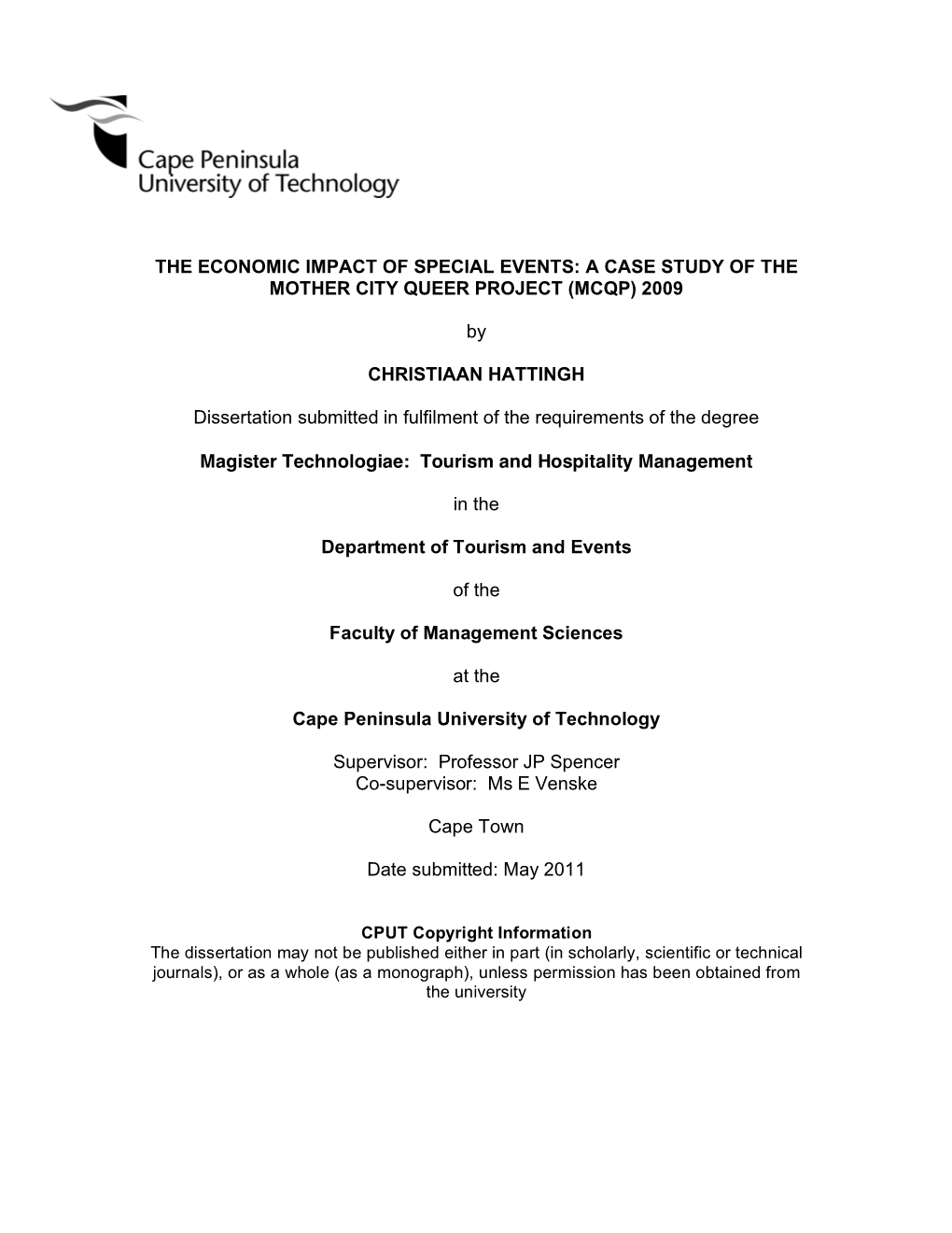 The Economic Impact of Special Events: a Case Study of the Mother City Queer Project (Mcqp) 2009