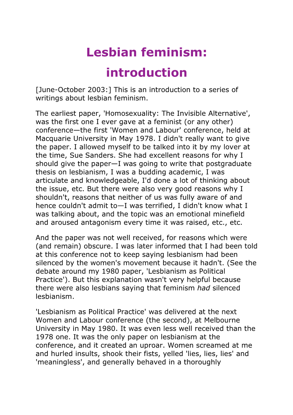 Lesbian Feminism: Introduction [June-October 2003:] This Is an Introduction to a Series of Writings About Lesbian Feminism