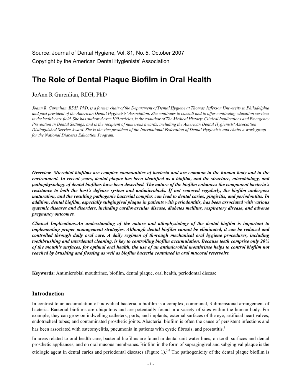 The Role of Dental Plaque Biofilm in Oral Health