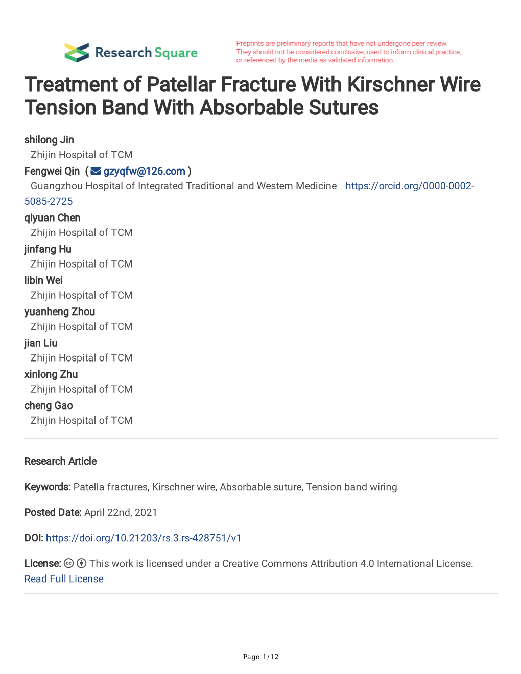 Treatment of Patellar Fracture with Kirschner Wire Tension Band With