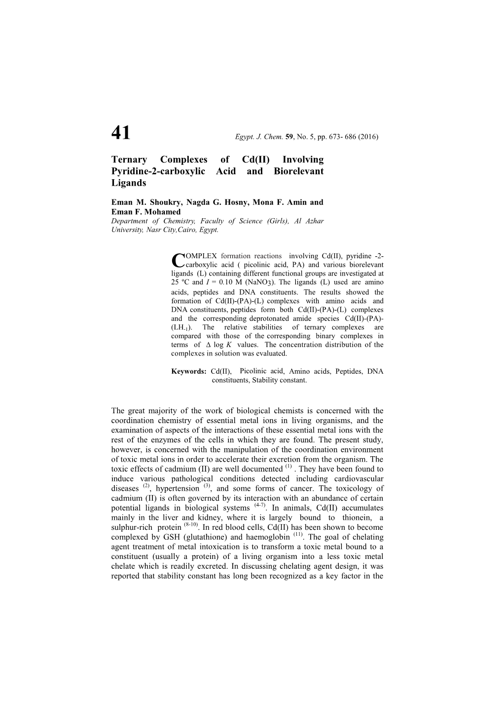 Ternary Complexes of Cd(II) Involving Pyridine-2-Carboxylic Acid and Biorelevant Ligands