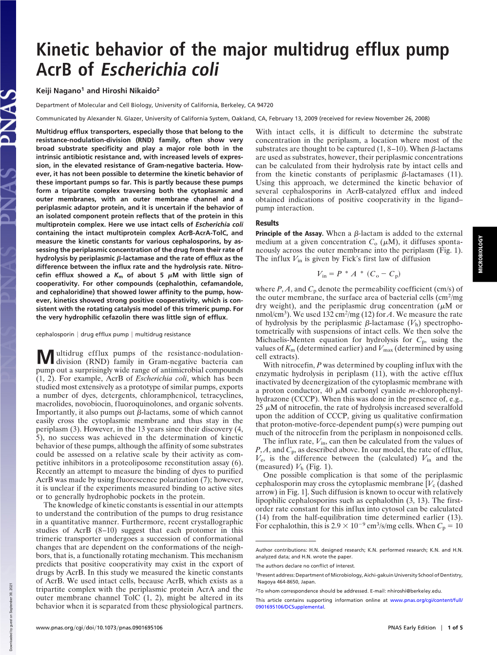 Kinetic Behavior of the Major Multidrug Efflux Pump Acrb of Escherichia Coli
