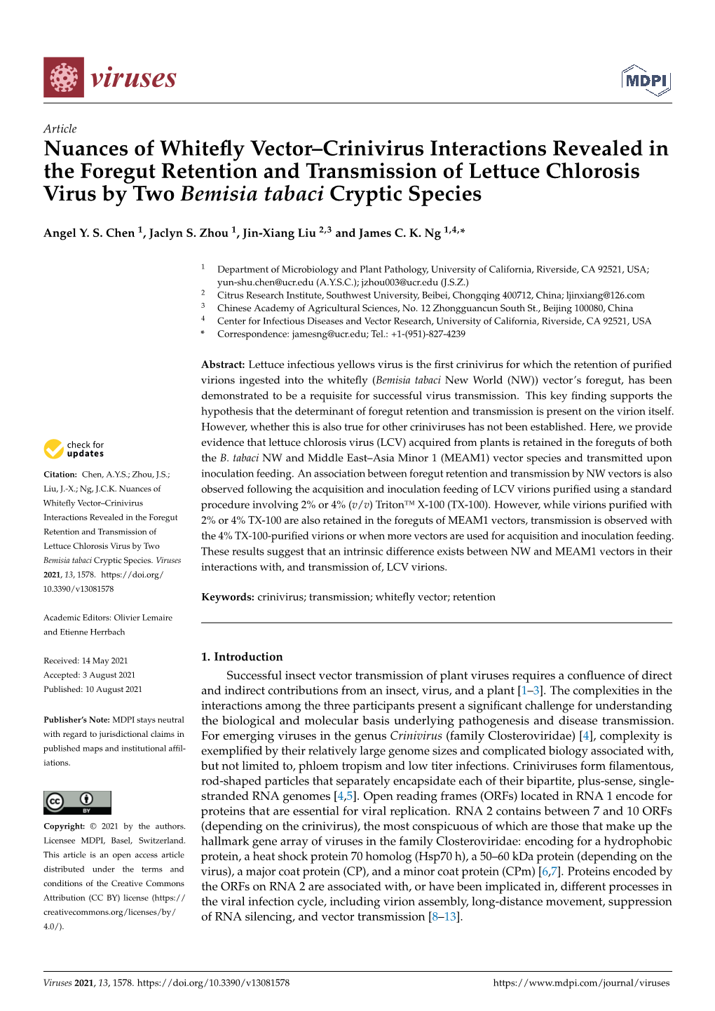 Nuances of Whitefly Vector–Crinivirus Interactions Revealed in the Foregut Retention and Transmission of Lettuce Chlorosis