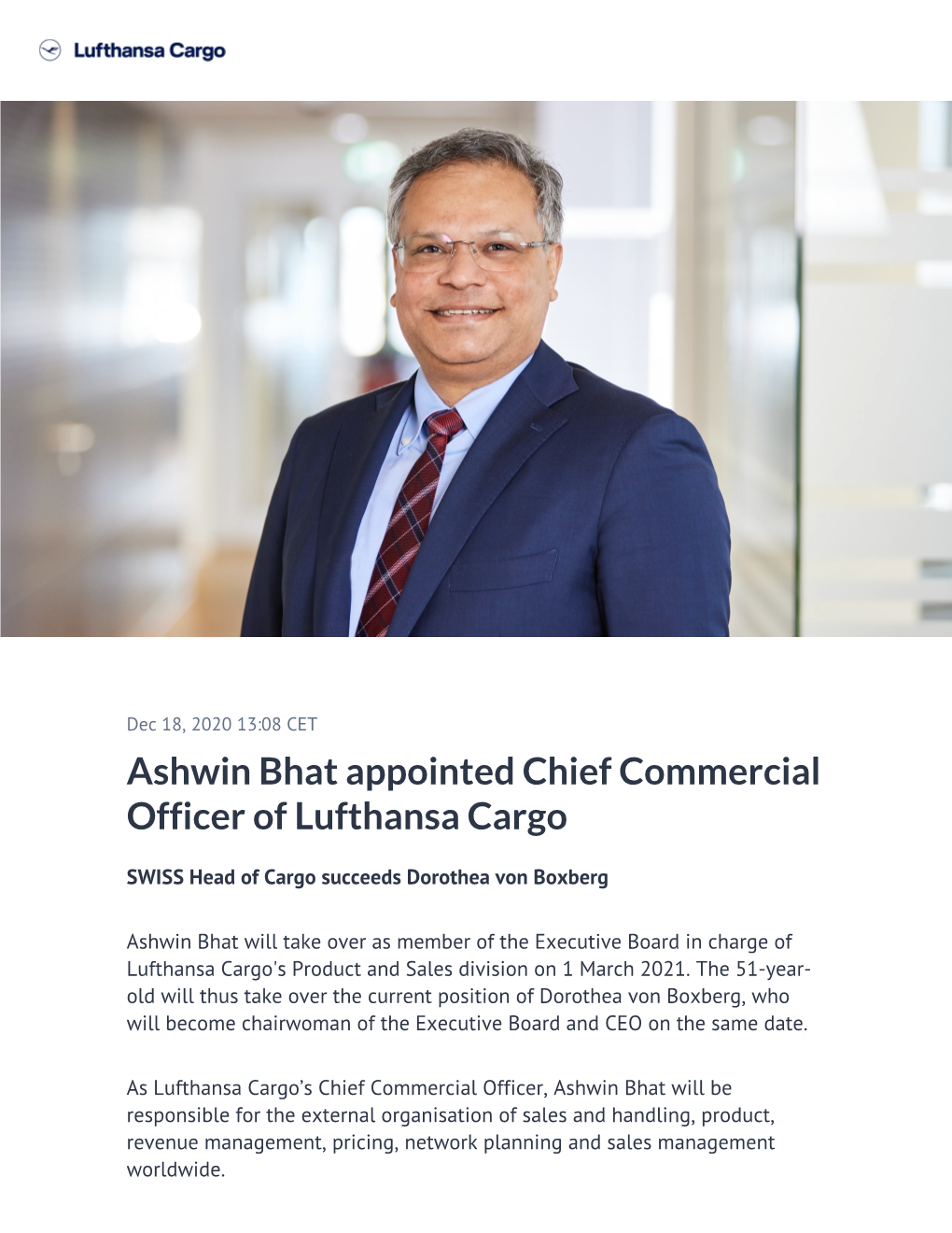 Ashwin Bhat Appointed Chief Commercial Officer of Lufthansa Cargo