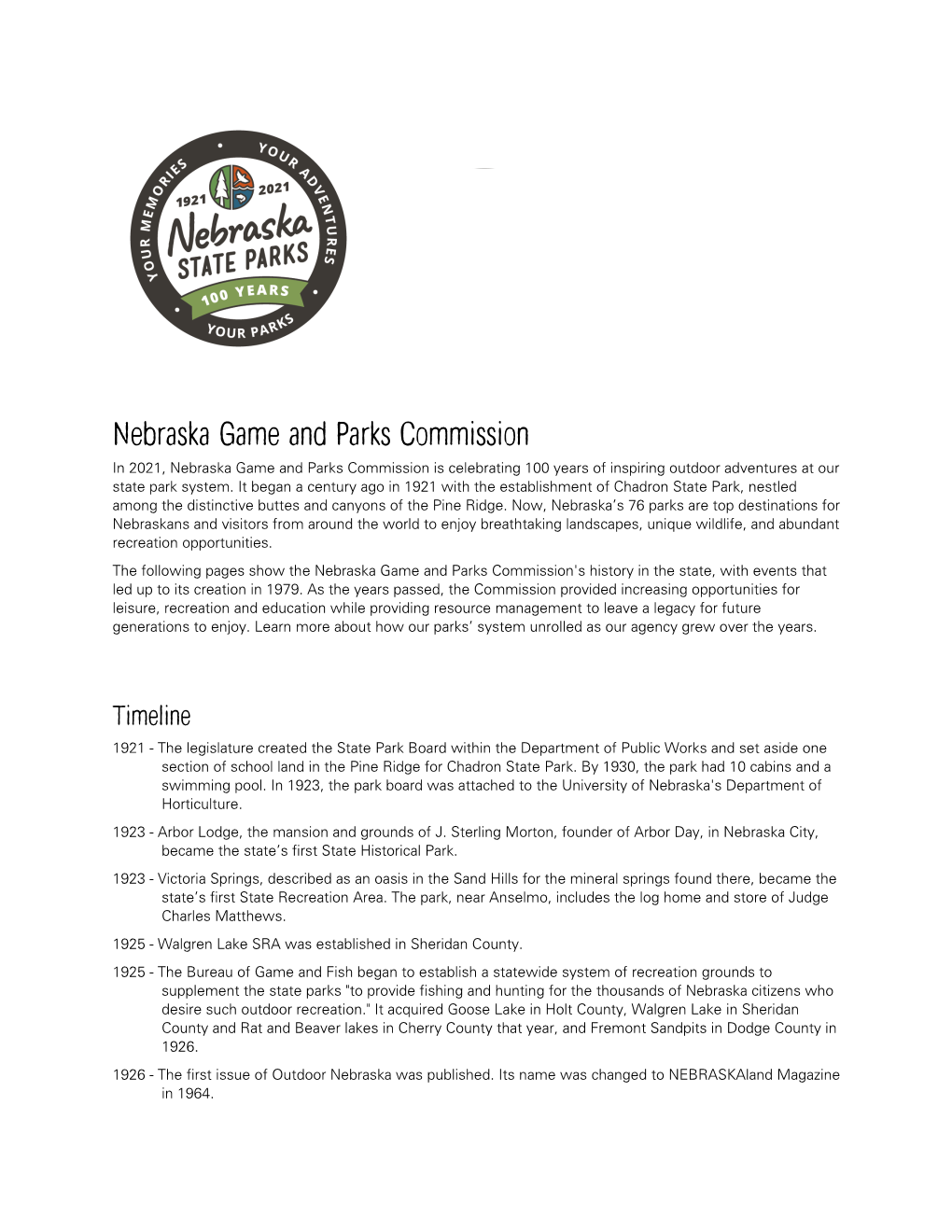 Nebraska Game and Parks Commission in 2021, Nebraska Game and Parks Commission Is Celebrating 100 Years of Inspiring Outdoor Adventures at Our State Park System