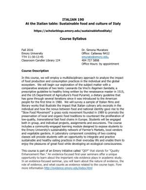 ITALIAN 190 at the Italian Table: Sustainable Food and Culture of Italy
