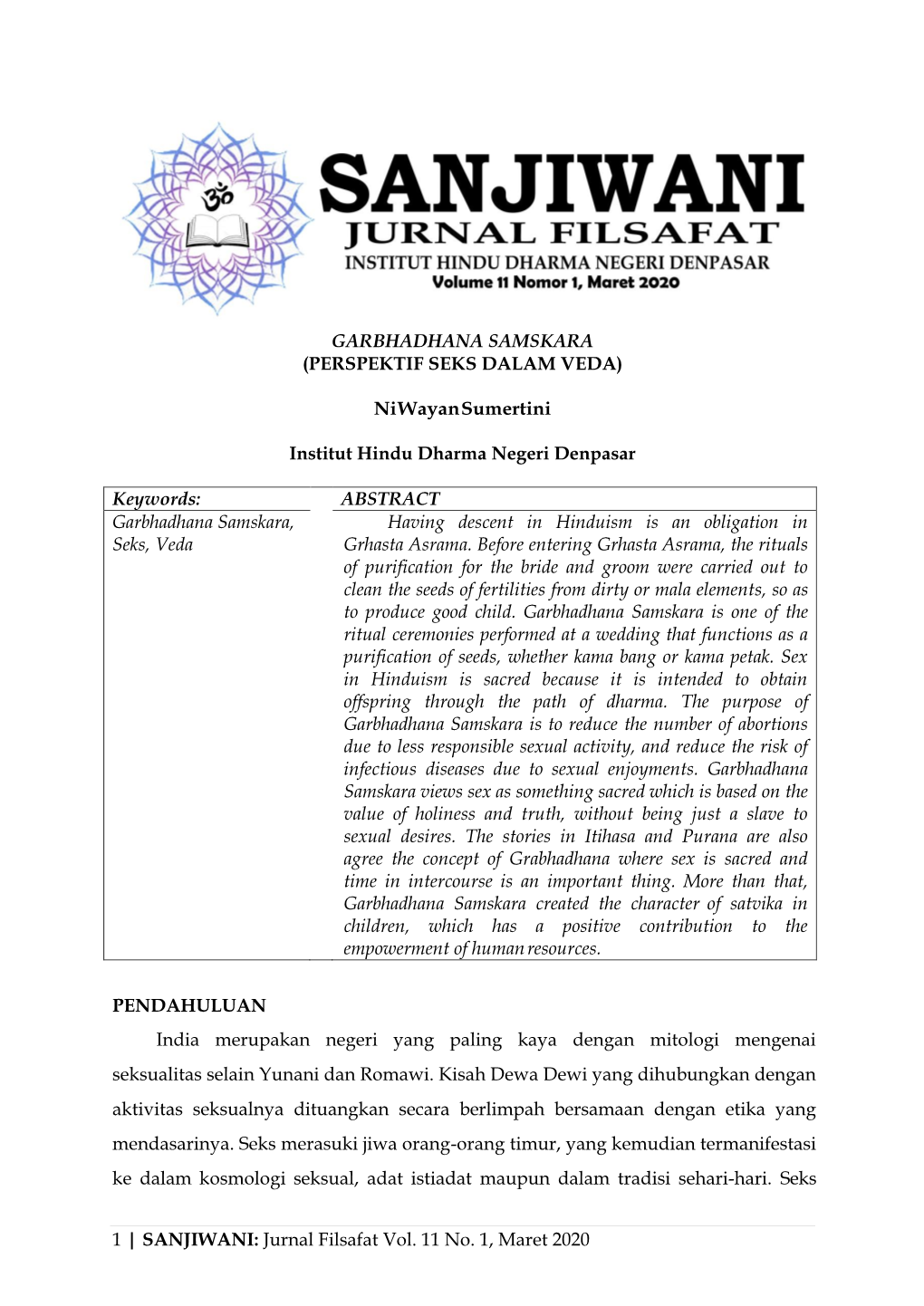 1 | SANJIWANI: Jurnal Filsafat Vol. 11 No. 1, Maret 2020 GARBHADHANA