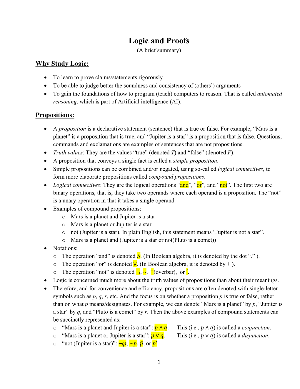 Logic and Proofs (A Brief Summary)