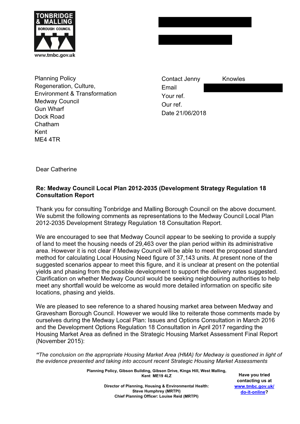 Dear Catherine Re: Medway Council Local Plan 2012-2035