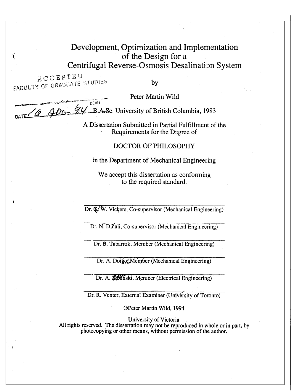 Of the Design for a Centrifugal Reverse-Osmosis Desalination System ACCEPTHU Rsuv.Latf Stuouib by Eacutty of Gaauuait *