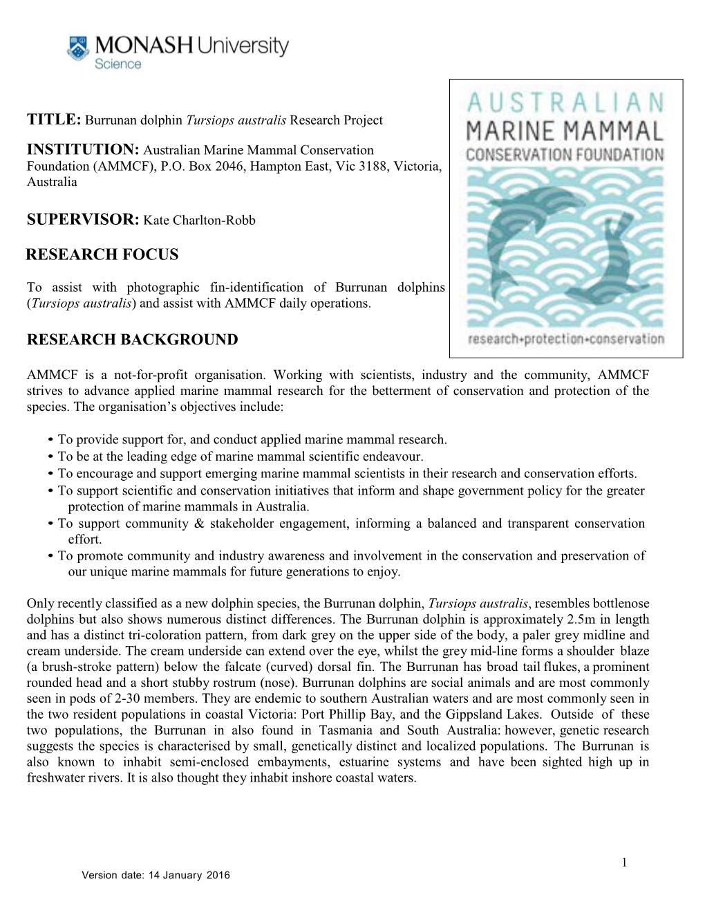 TITLE: Burrunan Dolphin Tursiops Australis Research Project