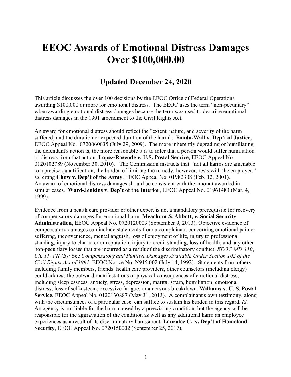 EEOC Awards of Emotional Distress Damages Over $100000