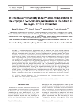 Interannual Variability in Fatty Acid Composition of the Copepod Neocalanus Plumchrus in the Strait of Georgia, British Columbia