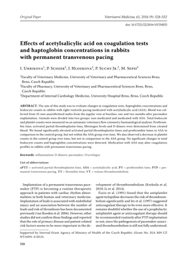 Effects of Acetylsalicylic Acid on Coagulation Tests and Haptoglobin Concentrations in Rabbits with Permanent Transvenous Pacing