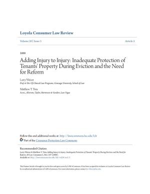 Inadequate Protection of Tenants' Property During Eviction and the Need for Reform Larry Weiser Prof