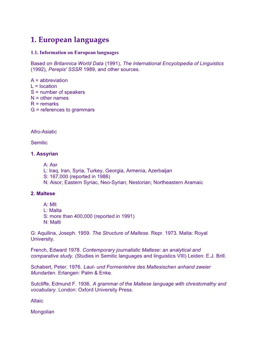 Chapter 1: European Languages