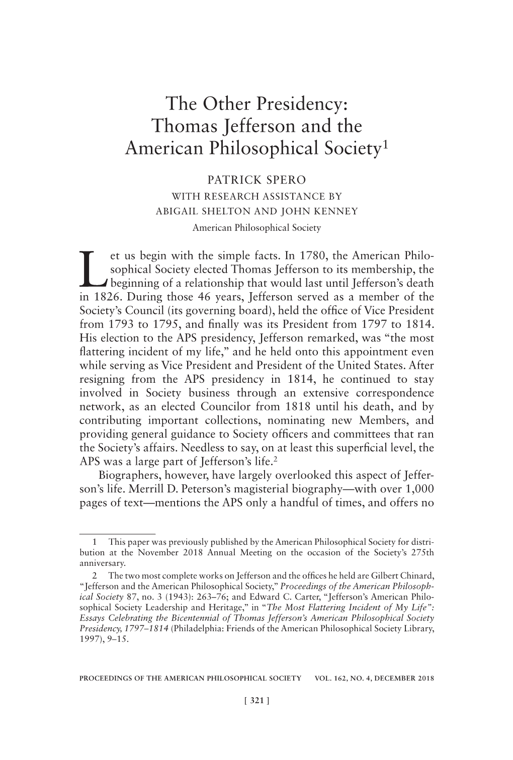 The Other Presidency: Thomas Jefferson and the American Philosophical Society1