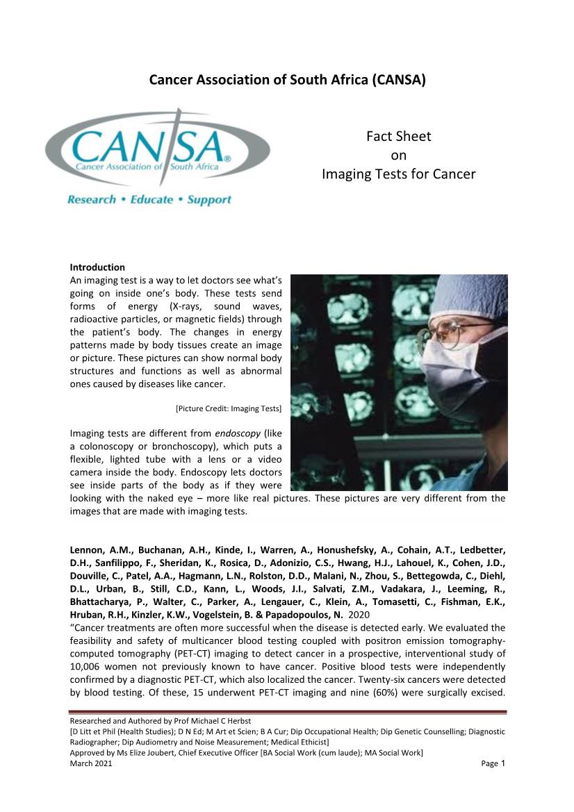 Fact Sheet on Imaging Tests for Cancer
