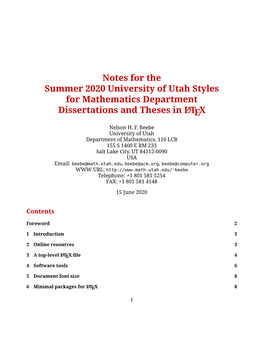 Notes for the Summer 2020 University of Utah Styles for Mathematics Department Dissertations and Theses in LATEX