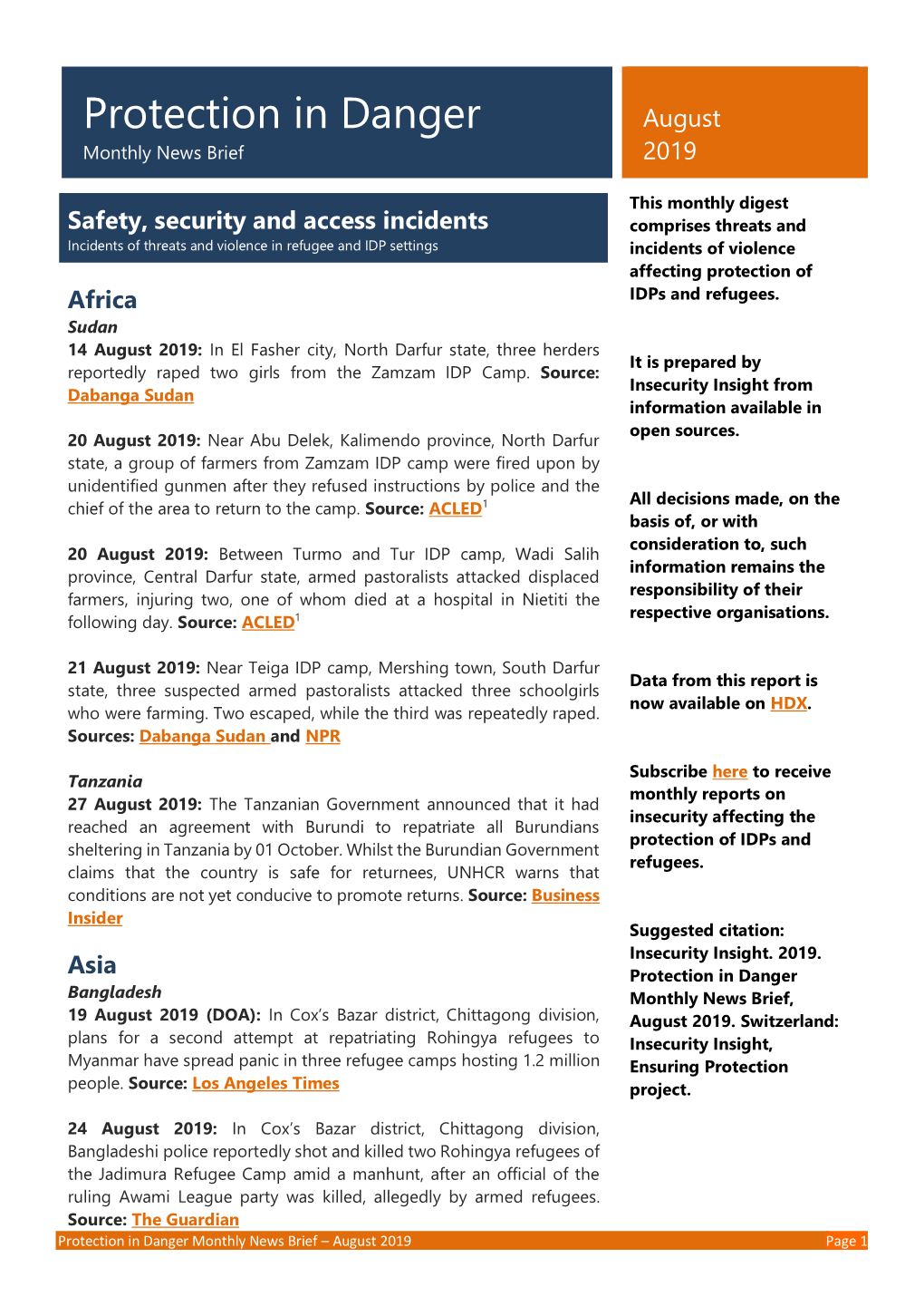 Protection in Danger August Monthly News Brief 2019