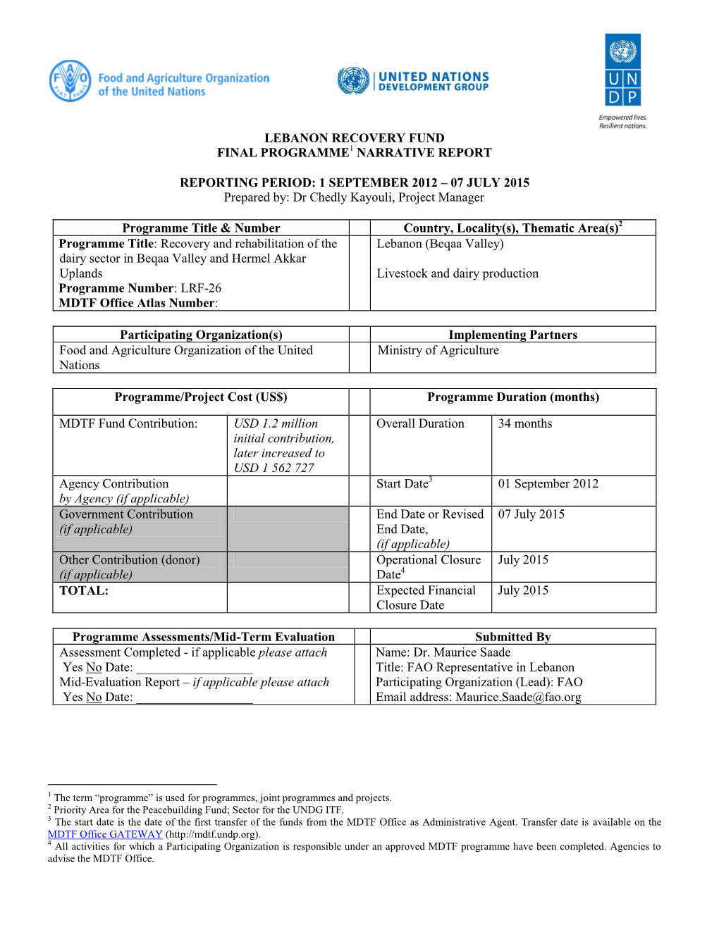 Lebanon Recovery Fund Final Programme1 Narrative Report