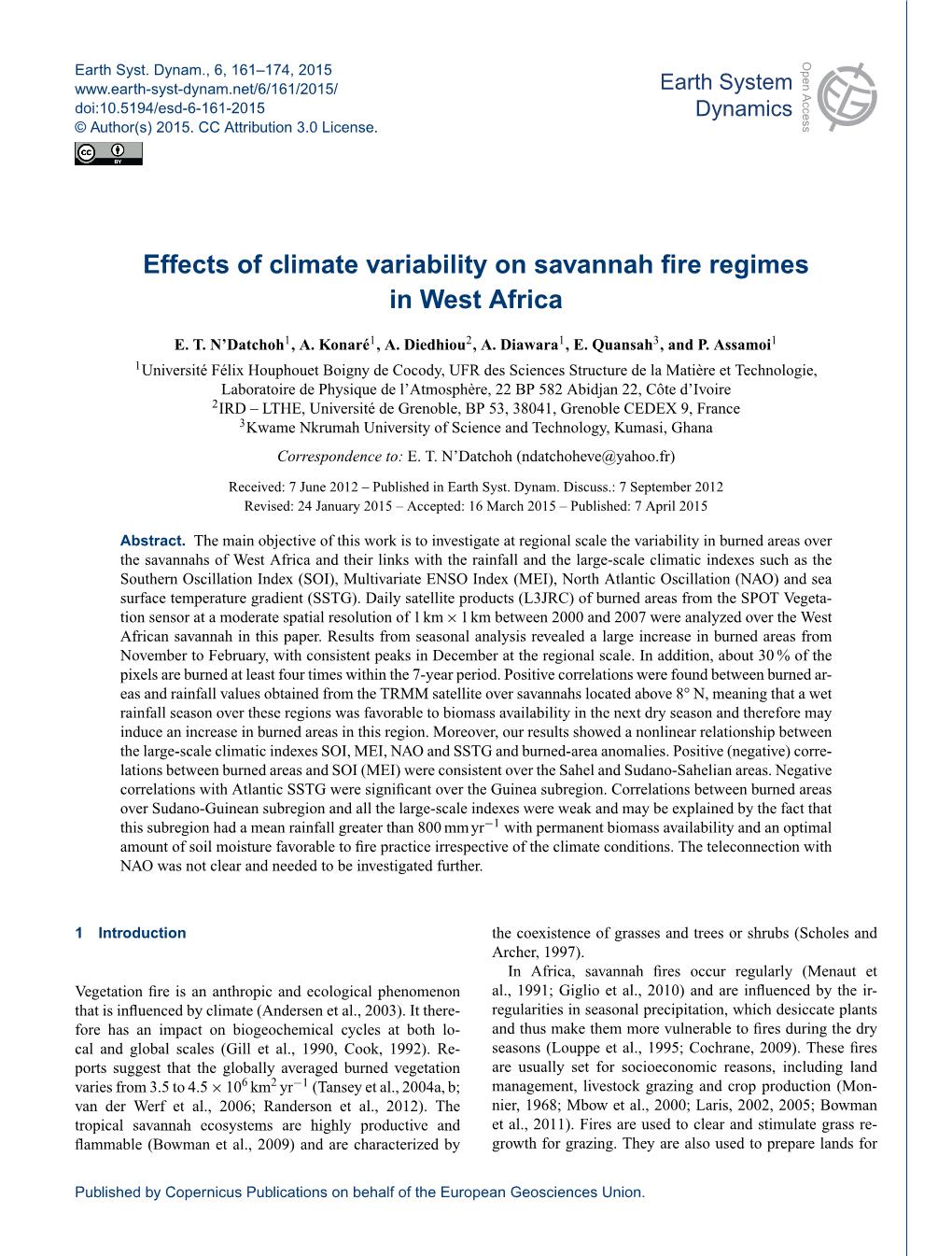 Effects of Climate Variability on Savannah Fire Regimes in West Africa