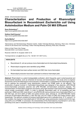 Characterization and Production of Rhamnolipid Biosurfactant in Recombinant Escherichia Coli Using Autoinduction Medium and Palm Oil Mill Effluent