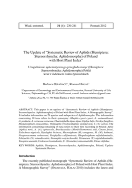 The Update of “Systematic Review of Aphids (Hemiptera: Sternorrhyncha: Aphidomorpha) of Poland with Host Plant Index”