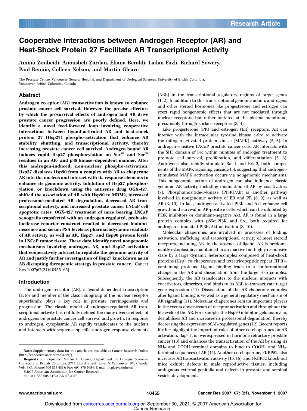 Cooperative Interactions Between Androgen Receptor (AR) and Heat