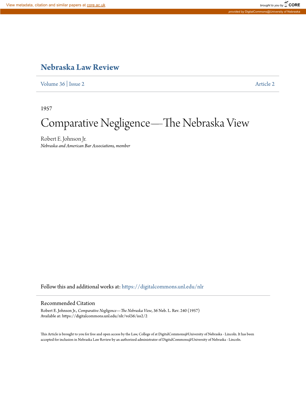 Comparative Negligence—The Nebraska View, 36 Neb