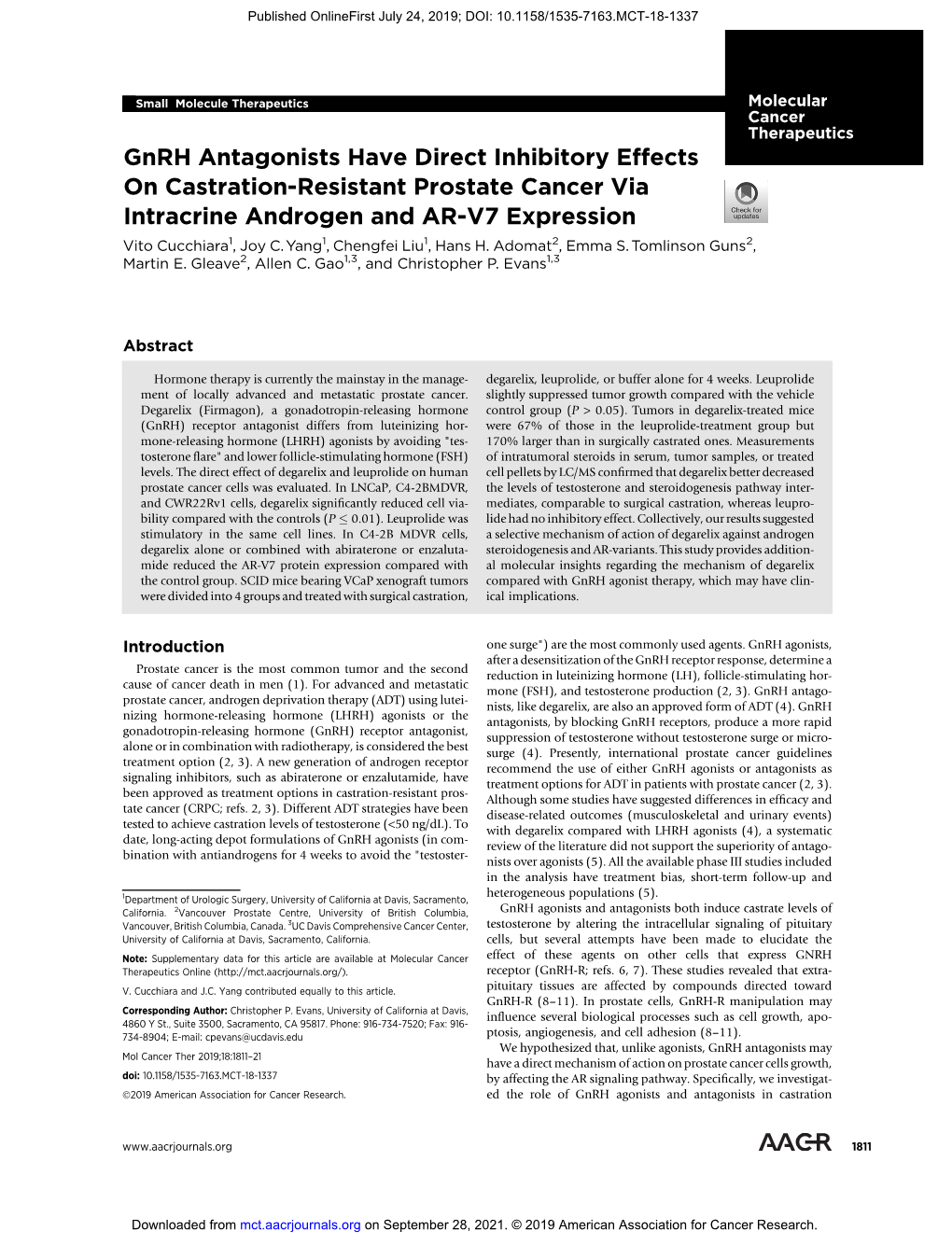 Gnrh Antagonists Have Direct Inhibitory Effects on Castration-Resistant Prostate Cancer Via Intracrine Androgen and AR-V7 Expression Vito Cucchiara1, Joy C