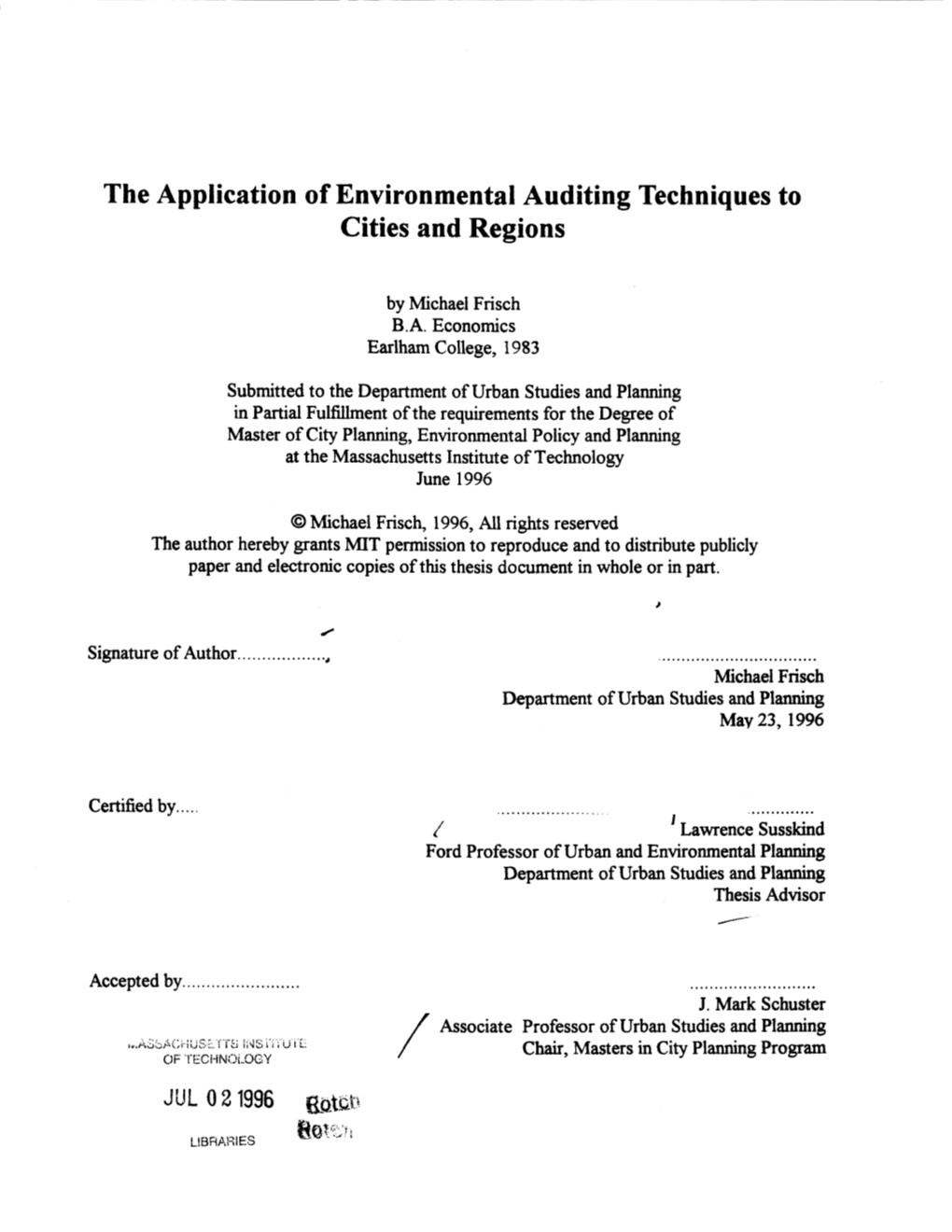The Application of Environmental Auditing Techniques to Cities and Regions