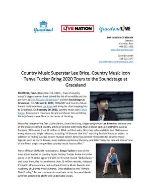 Country Music Superstar Lee Brice, Country Music Icon Tanya Tucker Bring 2020 Tours to the Soundstage at Graceland