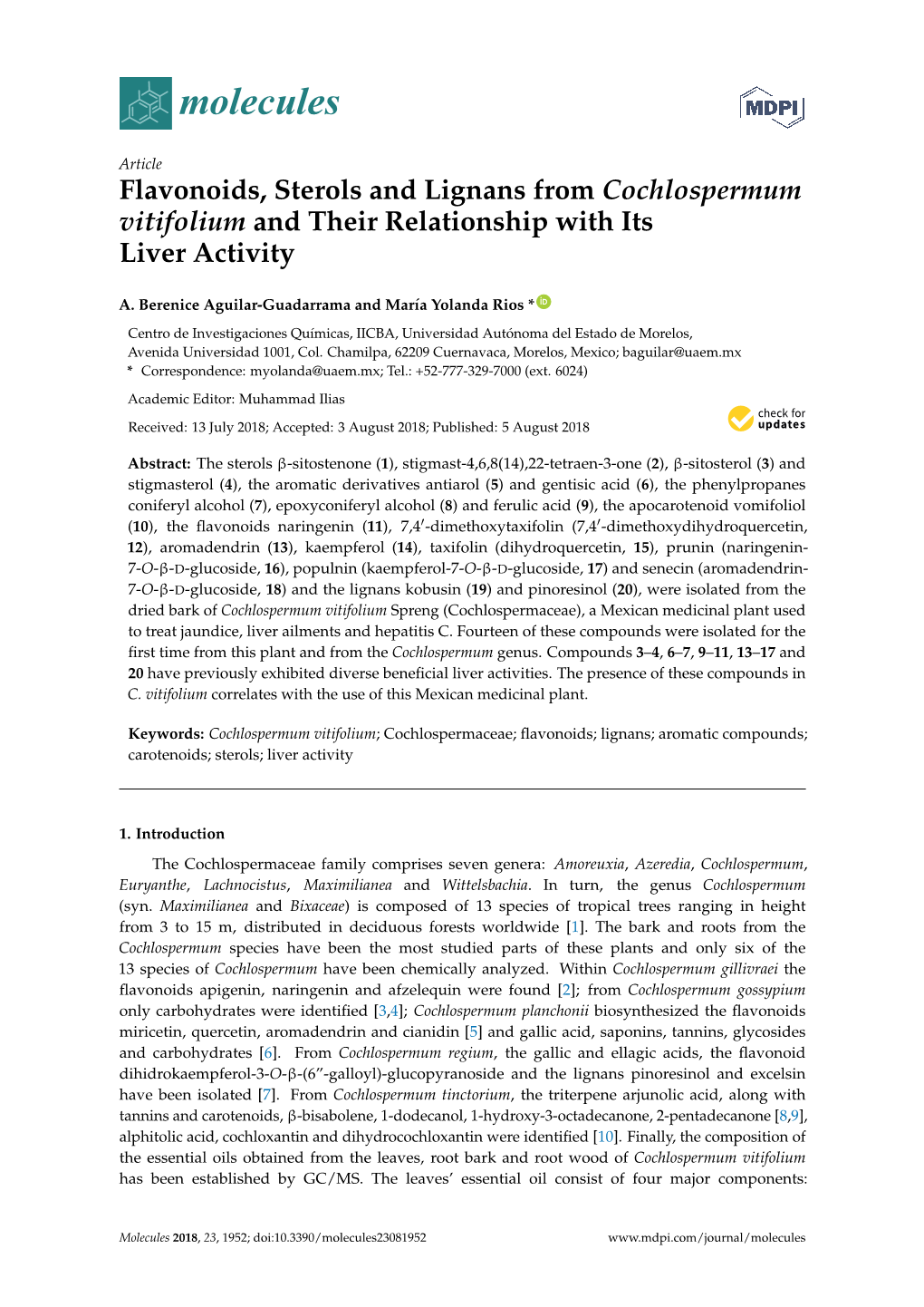 Flavonoids, Sterols and Lignans from Cochlospermum Vitifolium and Their Relationship with Its Liver Activity