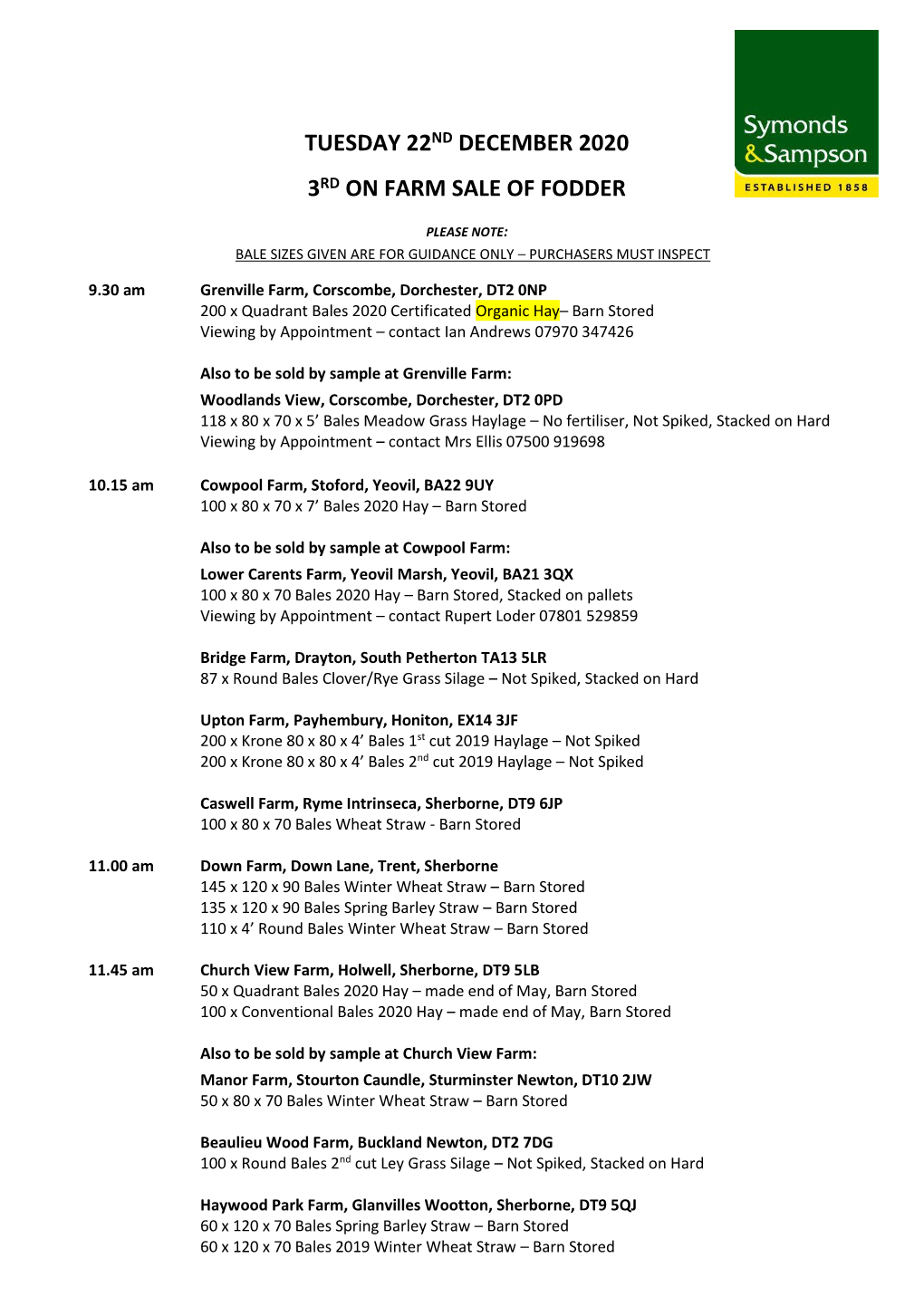 Tuesday 22Nd December 2020 3Rd on Farm Sale of Fodder