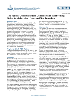 The Federal Communications Commission in the Incoming Biden Administration: Issues and New Directions