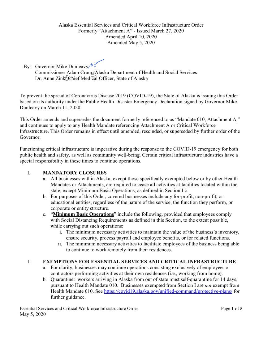 Alaska Essential Services and Critical Workforce Infrastructure Order Formerly “Attachment A” - Issued March 27, 2020 Amended April 10, 2020 Amended May 5, 2020