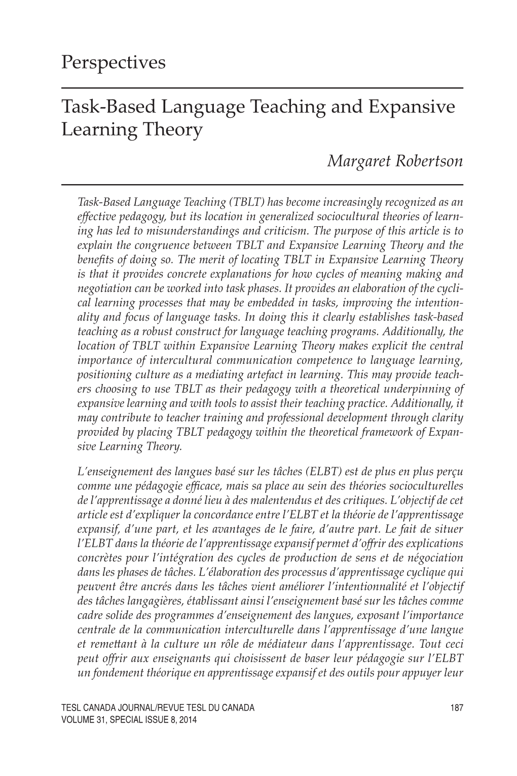 Task-Based Language Teaching and Expansive Learning Theory Margaret Robertson