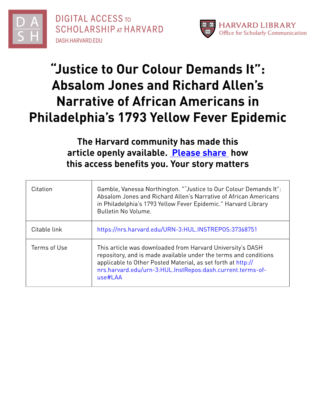 Absalom Jones and Richard Allen's Narrative of African Americans In