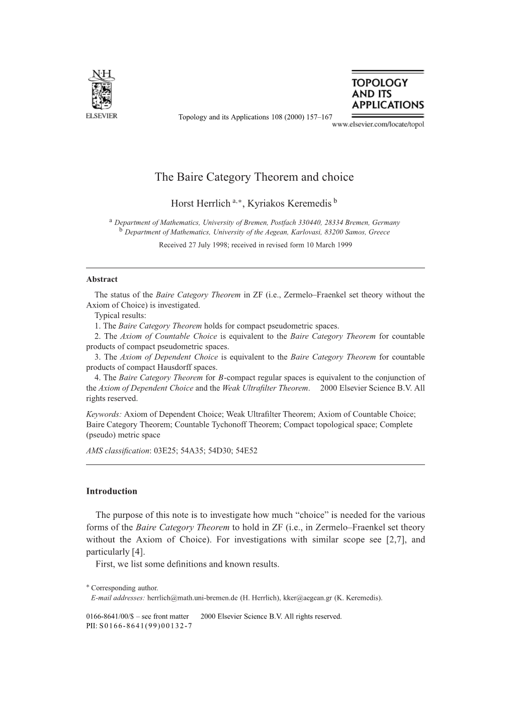 The Baire Category Theorem and Choice