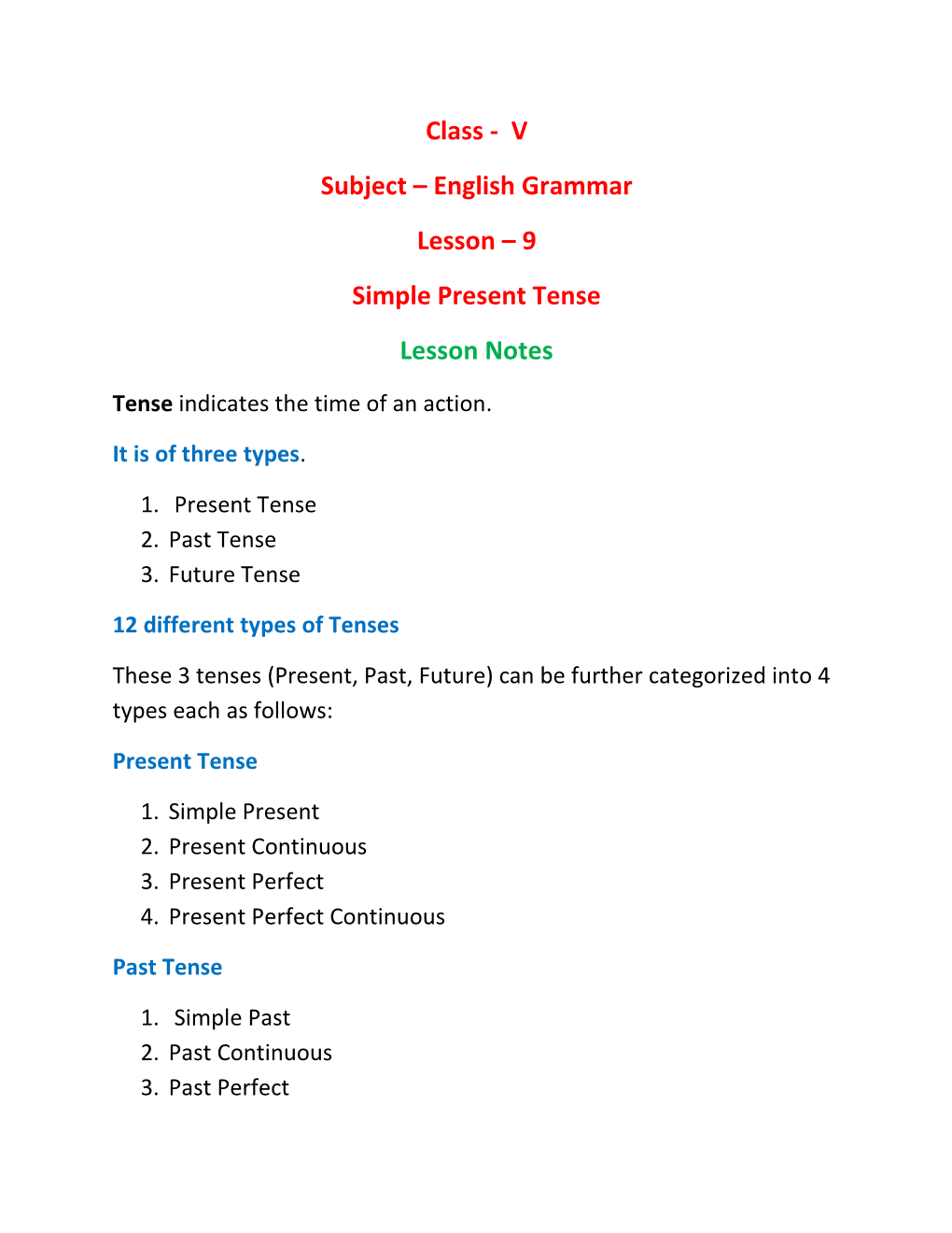 Class - V Subject – English Grammar Lesson – 9 Simple Present Tense Lesson Notes