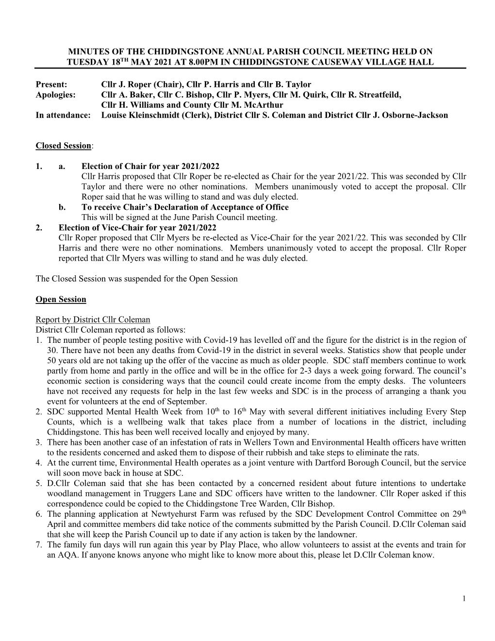 Minutes of the Chiddingstone Annual Parish Council Meeting Held on Tuesday 18Th May 2021 at 8.00Pm in Chiddingstone Causeway Village Hall