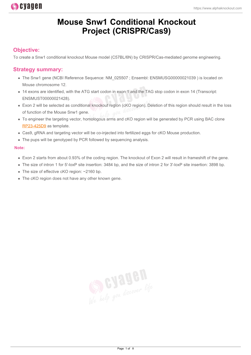 Mouse Snw1 Conditional Knockout Project (CRISPR/Cas9)