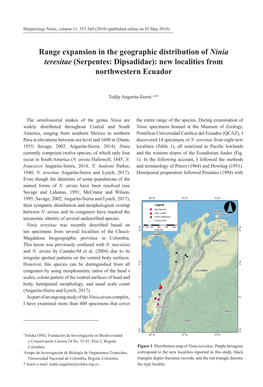 Range Expansion in the Geographic Distribution of Ninia Teresitae (Serpentes: Dipsadidae): New Localities from Northwestern Ecuador