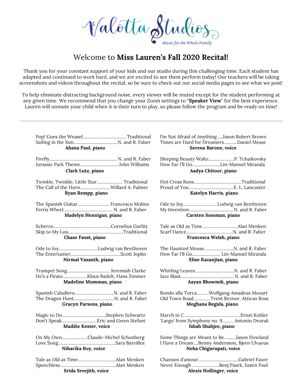 Miss Lauren’S Fall 2020 Recital! ​ Thank You for Your Constant Support of Your Kids and Our Studio During This Challenging Time