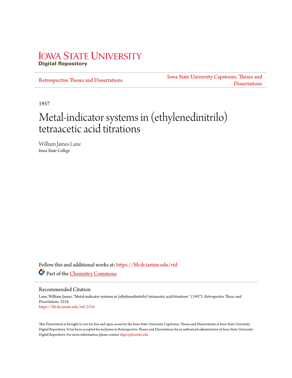 Tetraacetic Acid Titrations William James Lane Iowa State College